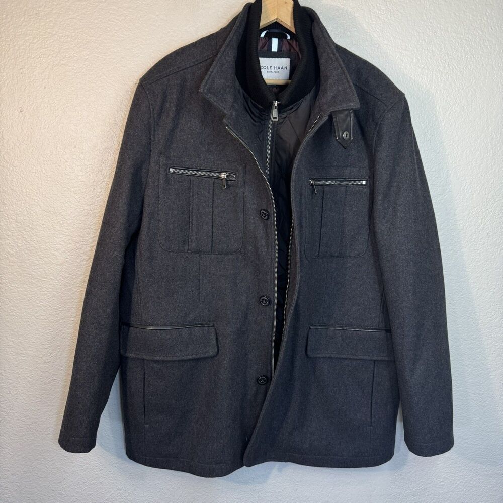 Cole Haan Coat Wool Charcoal 4 Pockets Button Full Double Zip Insulated Men XL